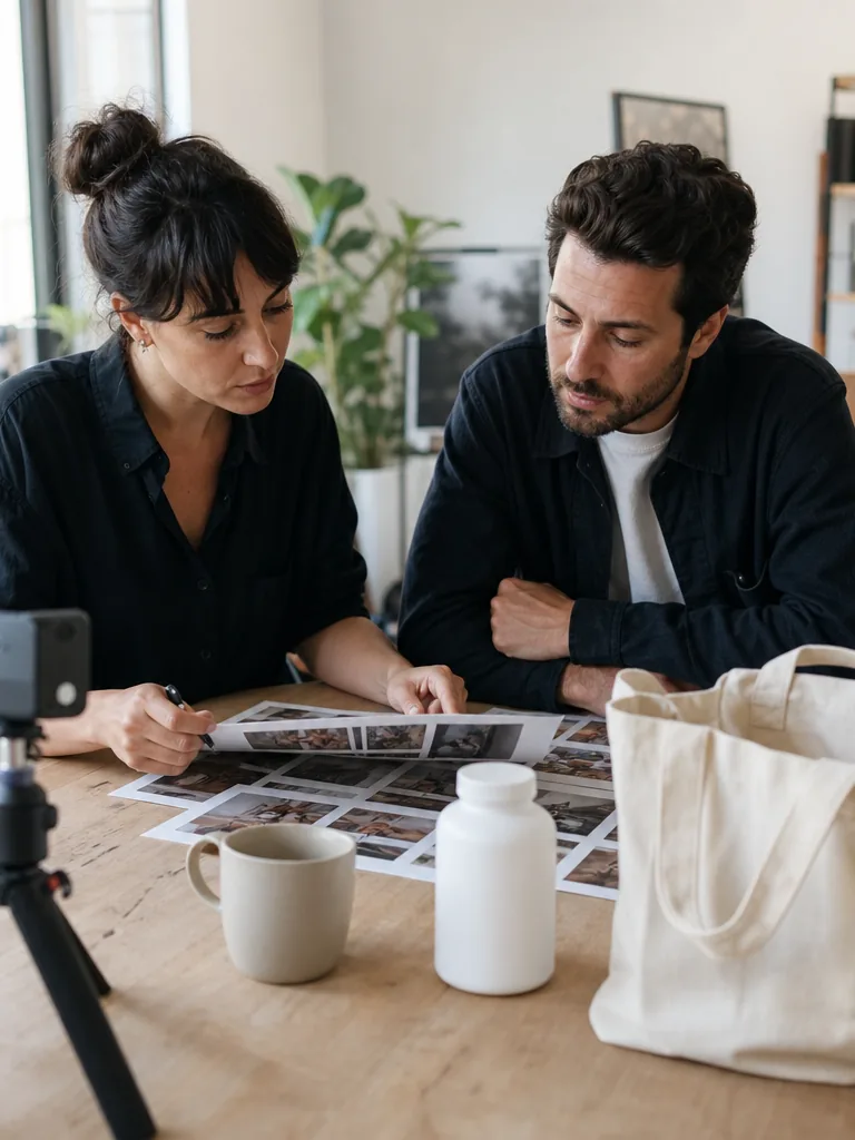 Agency team reviewing printed creator stills for several client brands around a worktable