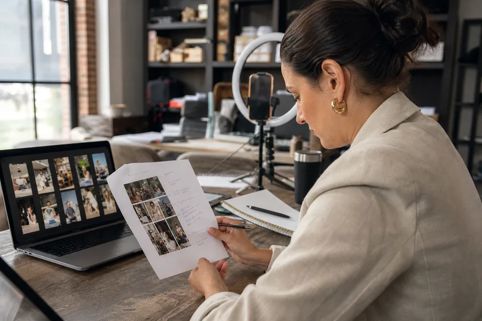 Agency account manager reviewing a printed UGC video brief next to a laptop showing vertical video thumbnails
