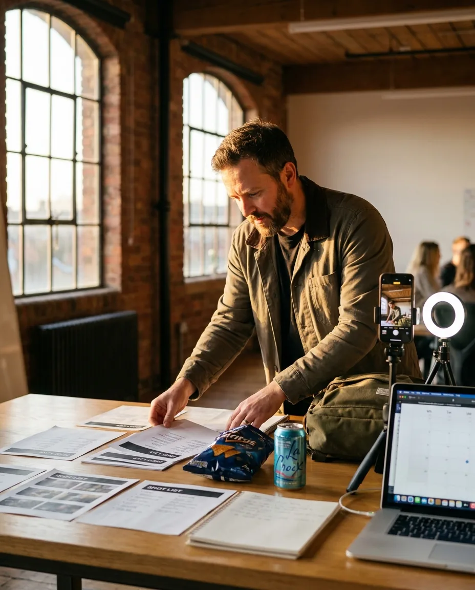 Agency producer planning a client UGC shoot with products and a phone on a tripod