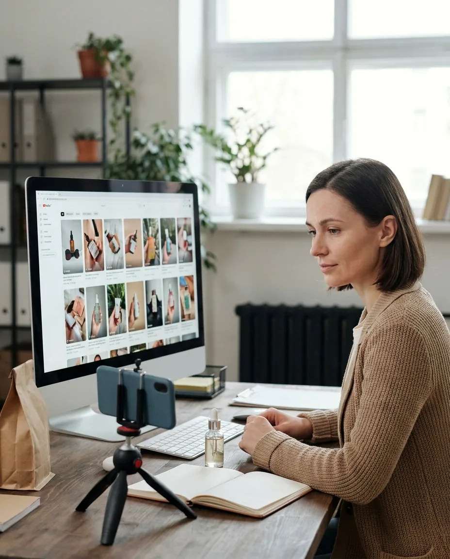 Agency account manager reviewing client UGC videos on a monitor
