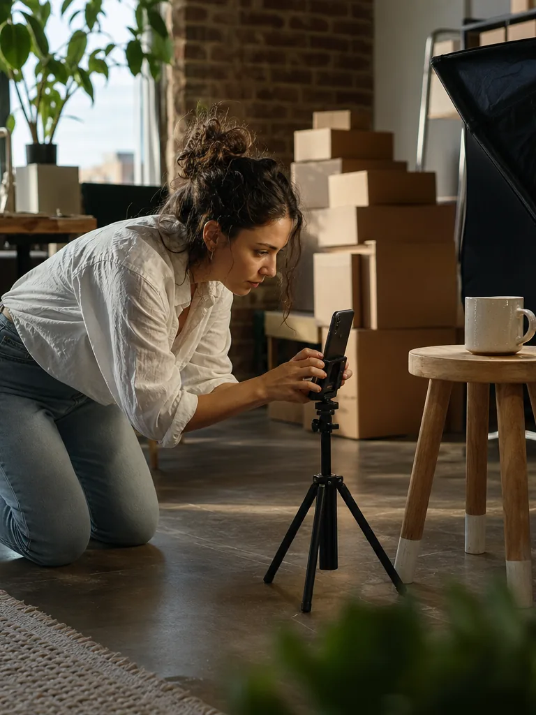 Agency producer filming a product video with a phone on a tripod in a small studio